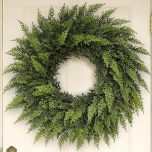 24" Real Touch Christmas Cedar Wreath - Artificial Cedar Wreaths Faux Green Fake Pine Needles Wreath for Front Door, Wall, Windows, Home, Outdoor, Xmas Decor