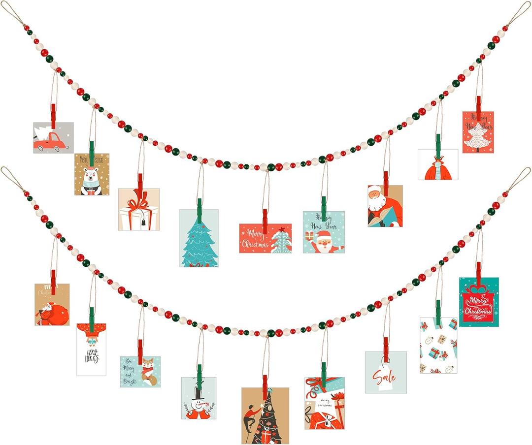 Amyhill 2 Pcs Christmas Hanging Photo Display with Wood Clips, Wooden Beads Garland Christmas Holiday Card Picture Frame 4 Feet DIY Green Red Photo Holders for Xmas Holiday Country Decor