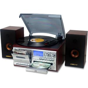 LoopTone Vinyl Record Player with Dual 15W External Speakers 10 in 1 3 Speed Bluetooth Vintage Turntable CD Cassette Player AM/FM Radio USB Recorder Aux-in RCA Line-Out (Silver)