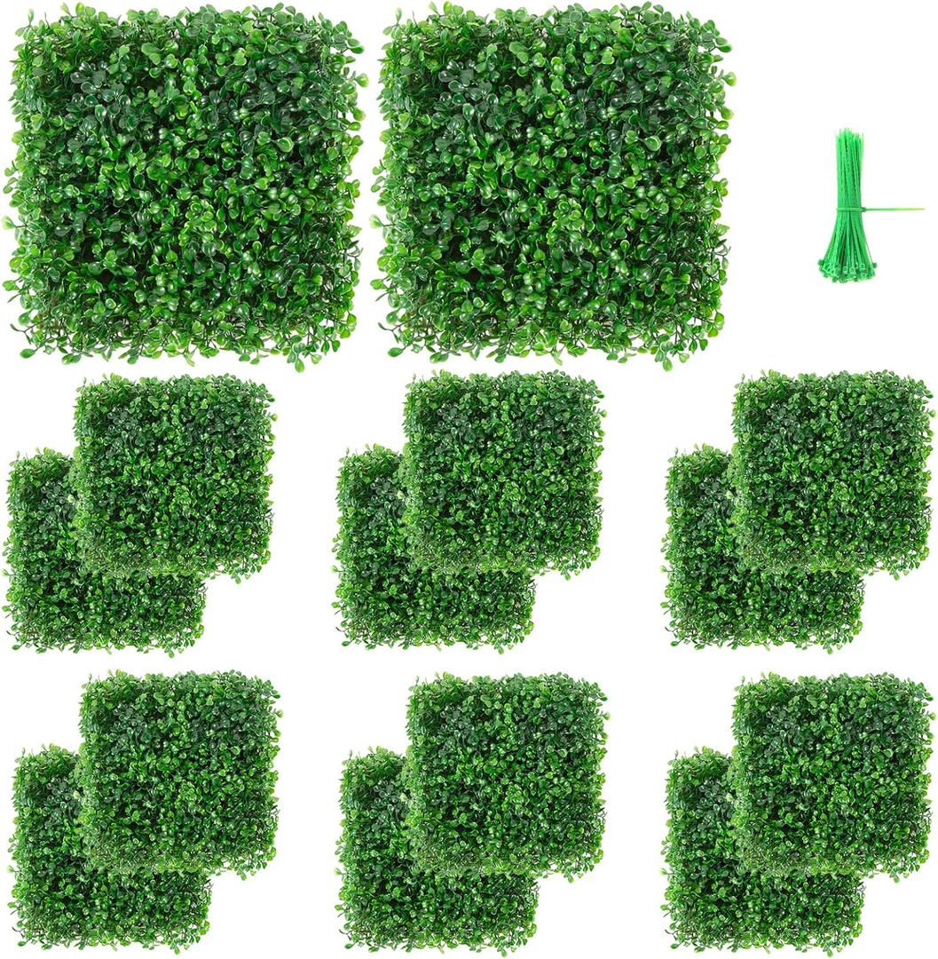 Vevitts 12 Packs 10"x10" Artificial Boxwood Hedges Mat with Cable Ties, Grass Wall Panels UV Privacy Fence Screen Greenery Panel for Indoor & Outdoor Decor
