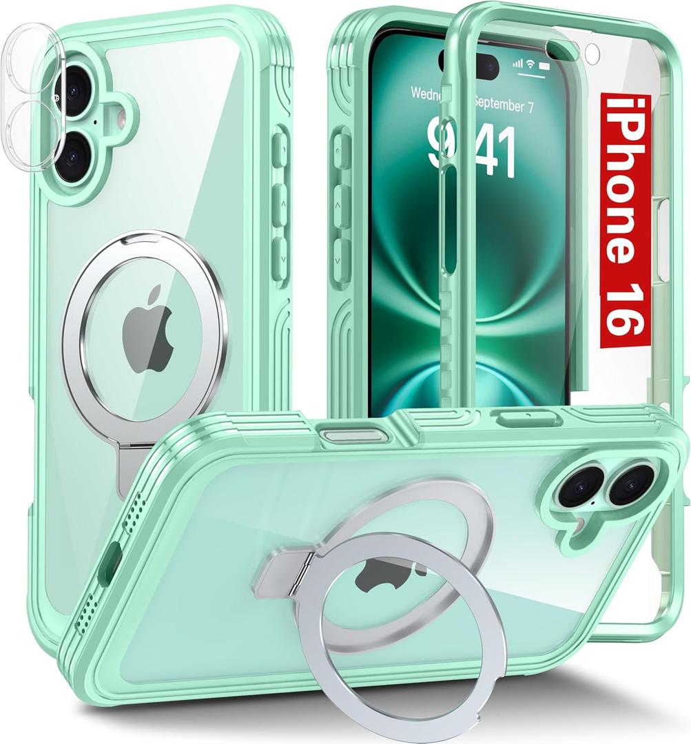 Oterkin Magnetic for iPhone 16 Case Compatible with MagSafe [Foldable Stand][HD Camera Lens Protector][Built-in Touch Sensitive Glass Screen Protector] 15FT Military 360 Full Body Rugged Case (Green)