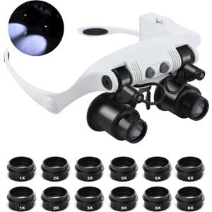 Hands Free Head Magnifying Glasses, Magnifier with Light, 1X, 2X, 3X, 5X, 6X, 8X, Ideal for Jewelry, Eyelash Extensions, Soldering, Craft, Cross Stitch