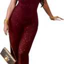 Sequin Mesh Jumpsuit for Women Homecoming, Birthday, Nightclub, NYE | Sparkly Rhinestone Mesh,Wide Leg Bodycon Outfit, Ideal for Birthday,Nye,Club Night Out,Fully Lined Stretchy Fabric (Medium, Burgundy-901579)