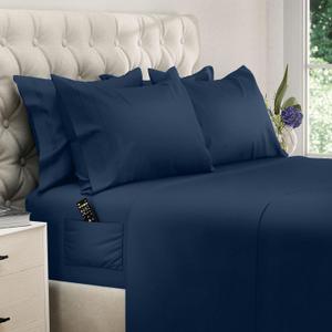 DREAMCARE King Size Sheets Set - 6 pcs Breathable Cooling Bed Sheets - up to 21" Extra Deep Pocket King Sheet Set with Side Pockets - Extra Soft 100% Brushed Hypoallergenic Hotel Luxury Bedding N-Blue