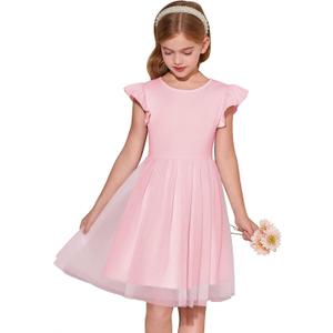 Haloumoning Girls Tutu Dress Ruffle Short Sleeve Fluffy Summer Party Tulle Dress for Kids 7-8Y (Pink)