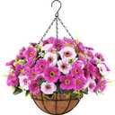 Ouddy Decor Artificial Hanging Flowers with Basket, Fake Silk Hanging Flowers in Coconut Lining Basket Faux Hanging Plants for Outdoor Indoor Spring Garden Porch Patio Balcony Home Decor, Fuchsia