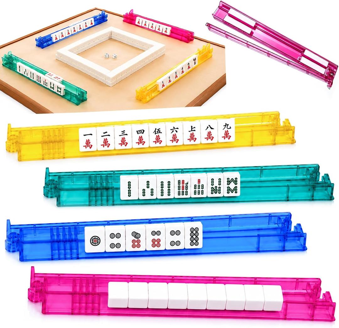 Mahjong Racks with Pushers, 4 Pack Clear Acrylic Mahjong Racks for American Mahjong, Non-Slip Integrated Tile Holder with Pushers, Ready to Use Mahjong Accessories, Blue Green Yellow Pink