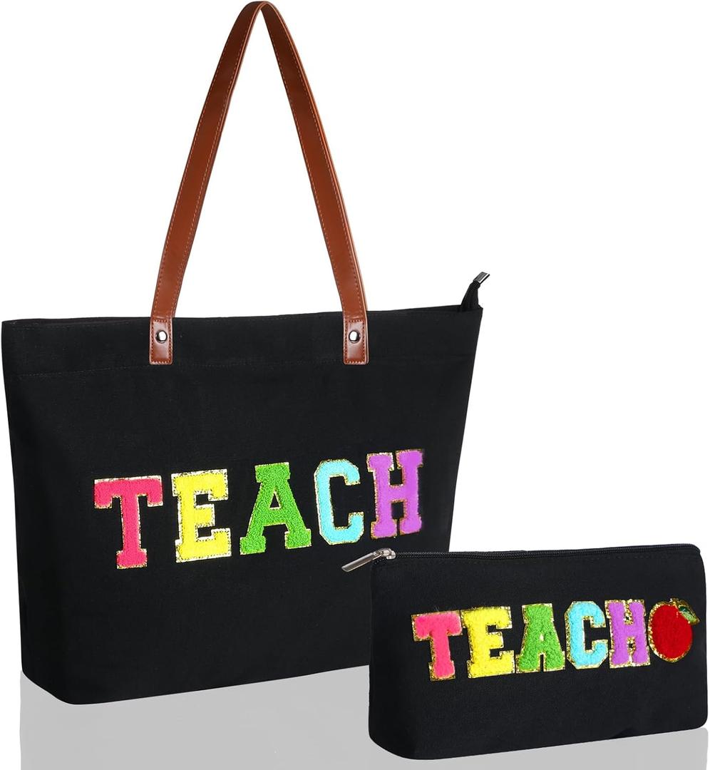 2 Pcs Tote Bag Gift for Teacher Nurse Dance Appreciation Gift Women Preppy Makeup Bag Chenille Letter Decor