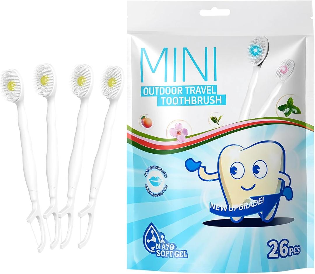 Mini Brushes-Disposable Toothbrushes with Toothpaste + Tongue Scraper + Picks+Floss Pick 5 in 1 Individually Wrapped for Work or Travel 26 Count (Iced Lemon Flavor)