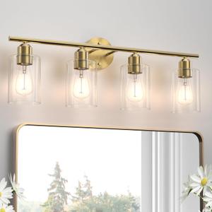 Espird Bathroom Vanity Light Fixtures Brushed Gold,4 Lights Rustic Farmhouse Vanity Bar Lighting Over Mirror Modern Industrial Wall Sconces Lamp with Cylinder Glass Shade