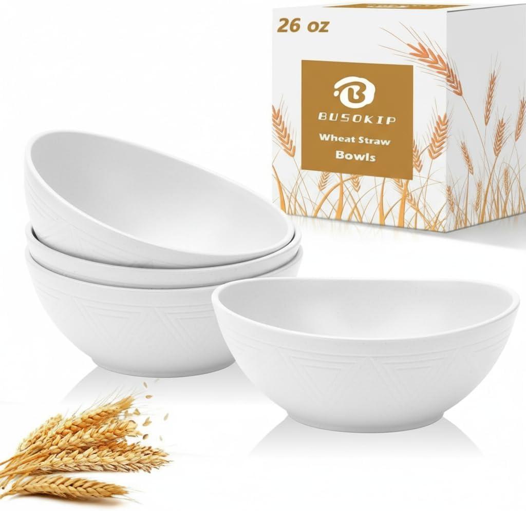 Wheat Straw Bowls Set of 4, Unbreakable Plastic Bowls Reusable, Microwave Safe Cereal Bowl for Camping, RV, Apartment, Party, Kitchen Bowl for Serving, Eating, Soup, Popcorn (26 OZ, White)