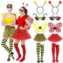 10 Pcs Halloween Bee and Ladybug Costume Set for Adults Include Tutu Skirt Wings Headband Glasses Knee High Socks for Women Bug Insect Party Halloween Cosplay Ladybug Bee Accessories, XS