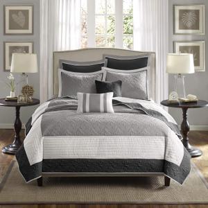 Madison Park Attingham Reversible Quilt Set - All Season Breathable Coverlet, Lightweight Cozy Bedding Layers, Matching Shams, King/Cal King(104"x94"), Black Multi 7 Piece