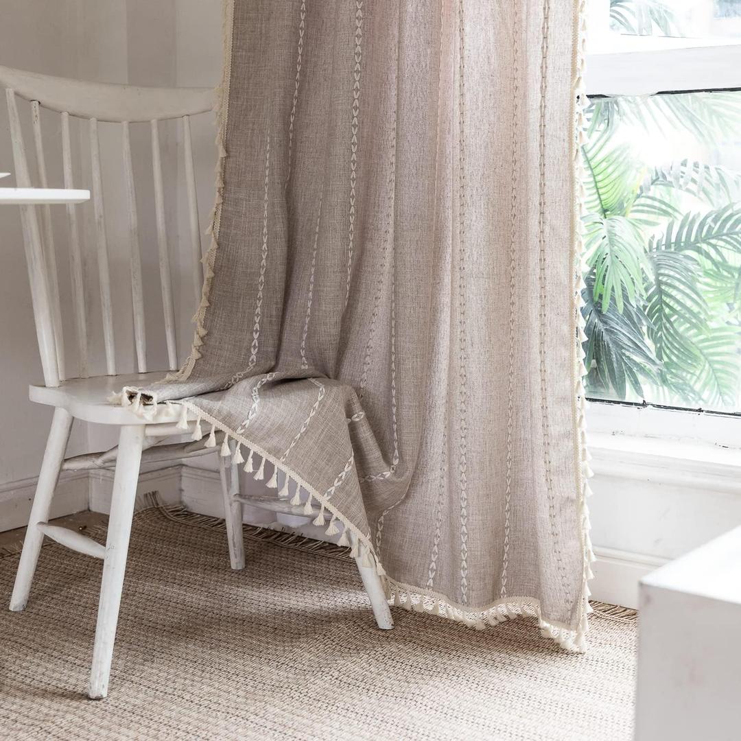 Deeprove Boho Curtains 96 Inches Long for Nursery Bedroom Christmas Decor, Vintage Bohemian Embroidery Weighted Cotton Linen French Country Window Treatments with Tassel, Natural W52 x L96, 1 Panel