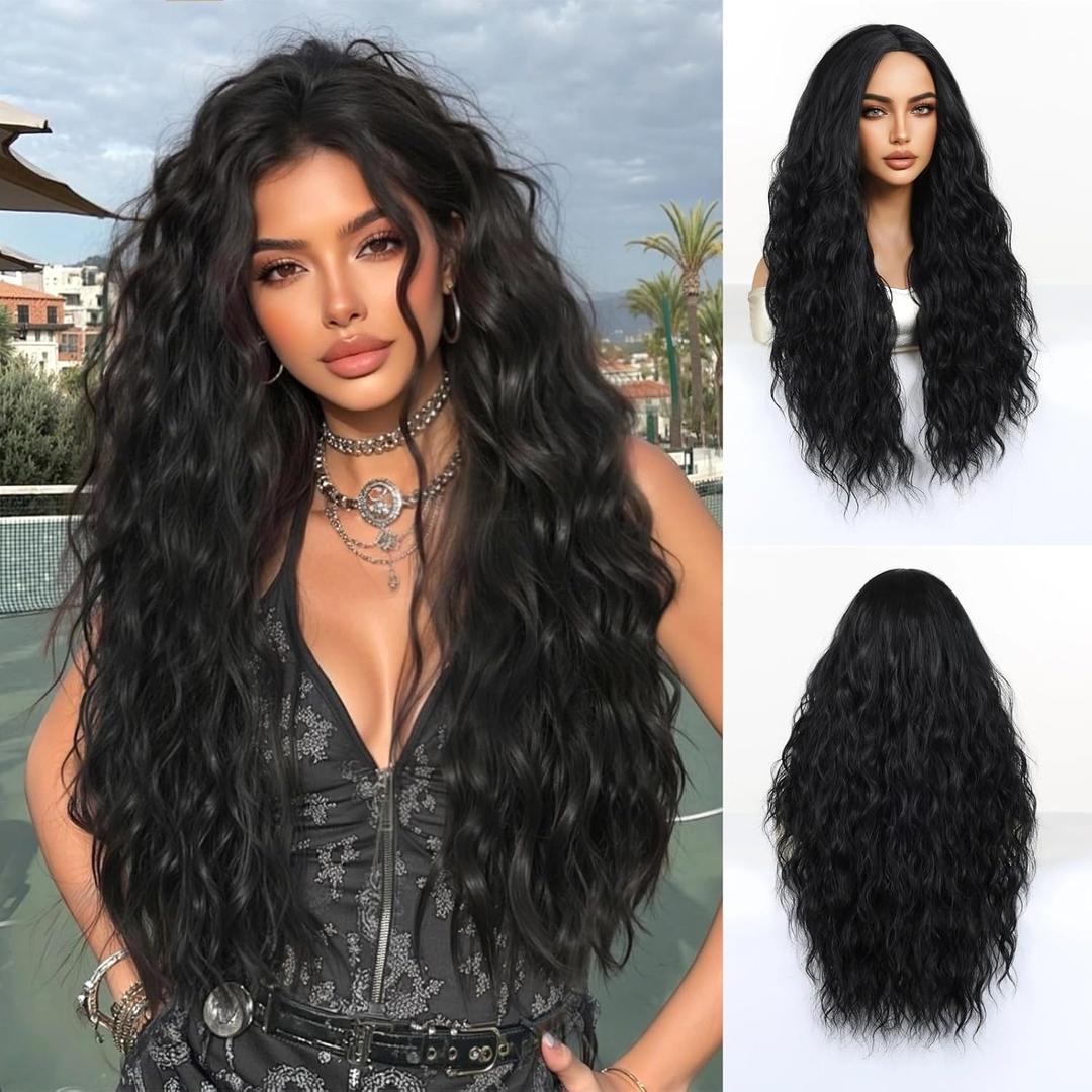 26 Inch Long Curly Wigs for Women, Water Wave Black Wig Middle Part Heat Resistant Natural Looking Synthetic Wig for Daily Party Use