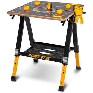 POWERTEC 2-in-1 Folding Work Table & Sawhorse – 1000 lb Capacity Portable Workbench with 8-Level Height Adjustment, Clamps, Bench Dogs & Expandable Support Platform (UT1015)