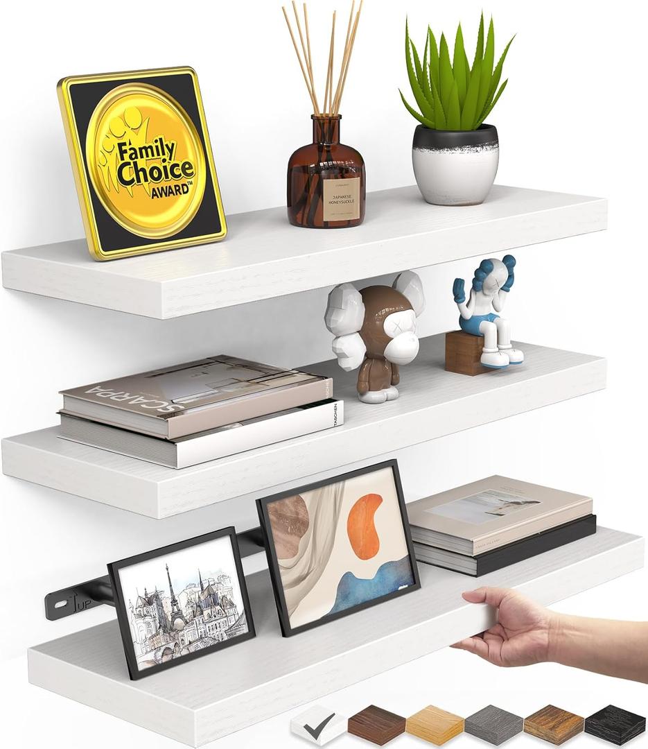BAYKA White Floating Shelves for Wall  Rustic Wood Wall Shelves with Metal Brackets for Bathroom, Bedroom, Kitchen, or Living Room Decor Organization  Set of 3, Sturdy Storage with 22lb Capacity (15.7inches, C. White - Modern Minimalist Style)