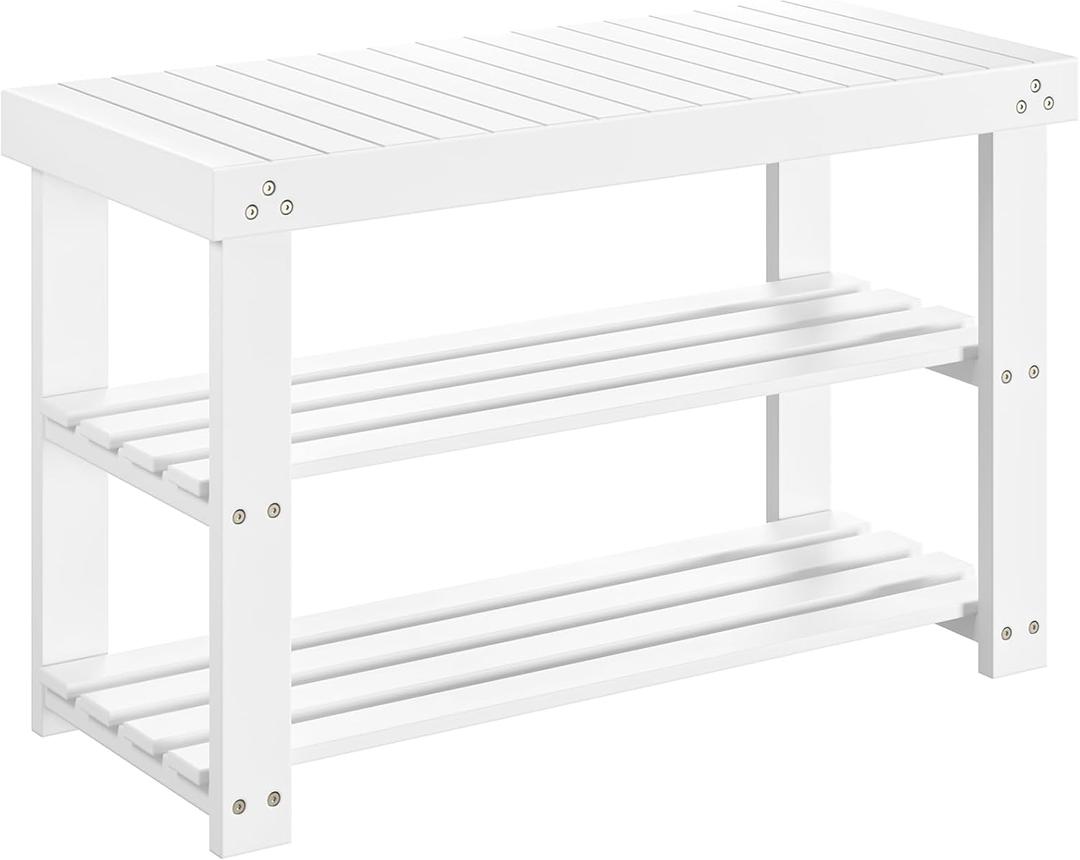 Pipishell Bamboo Shoe Rack Bench, 3-Tier Sturdy Shoe Organizer, Storage Shoe Bench, Holds up to 300lbs for Entryway Bedroom Living Room Balcony (White), 27.51117.5 inches