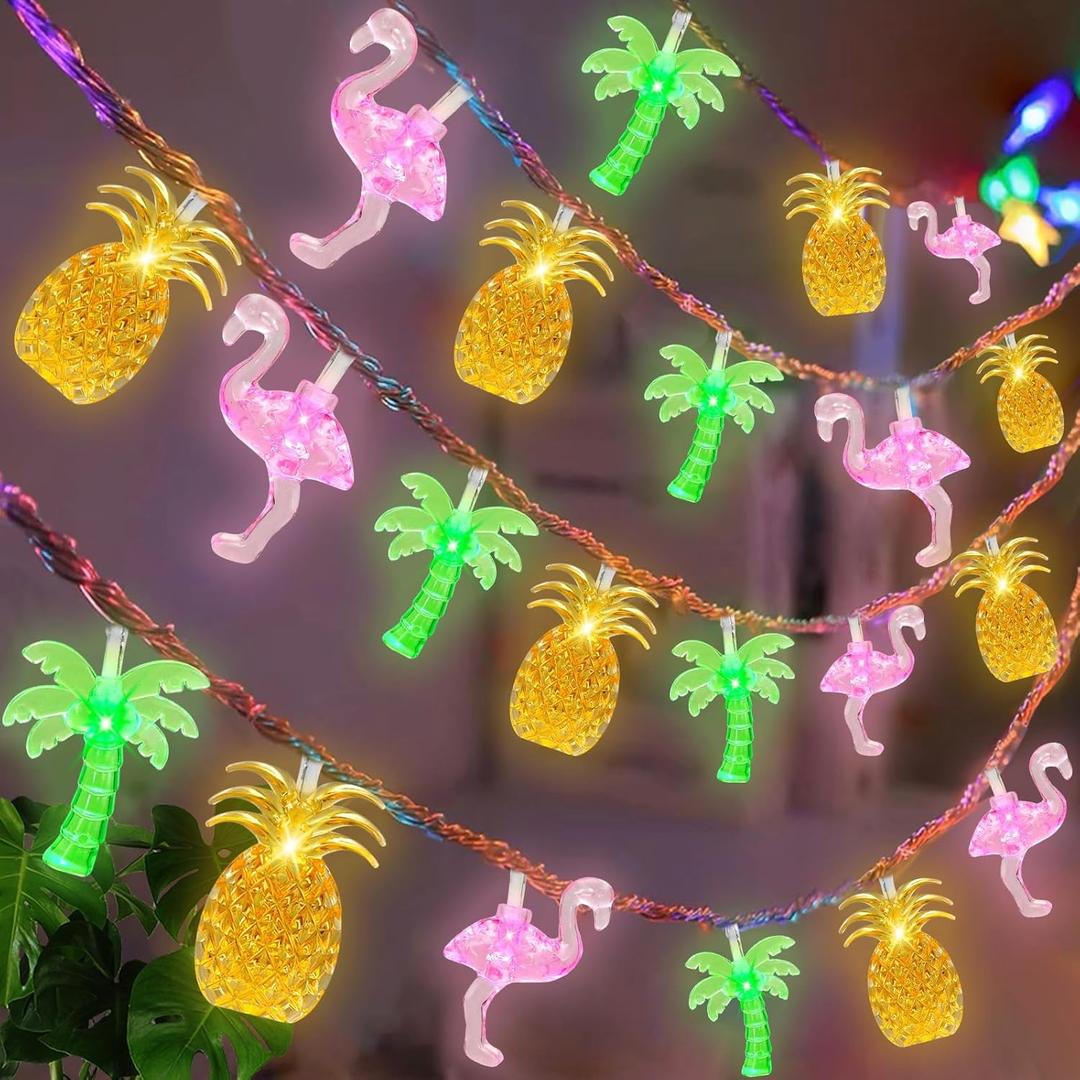 30 LED [ 8 Modes & Timer ] 16Ft Summer Tropical Beach Hawaiian String Lights Tropical Flamingo Pineapple Palm Tree Fairy Lights Battery Operated for Party Beach Pool Summer Decor