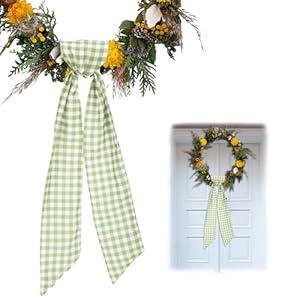 2 Pieces Easter Wreath Sash for Front Door, Green Plaid Polyester Spring Bows for Wreaths Accessories for Home Wedding Birthday Decorations, Sashes