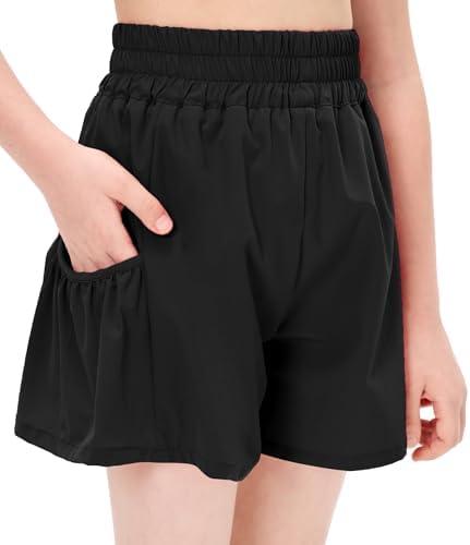 Hvididan Girls High Waisted Running Shorts Athletic Gym Shorts Quick-Drying Shorts with Pockets 140, Black