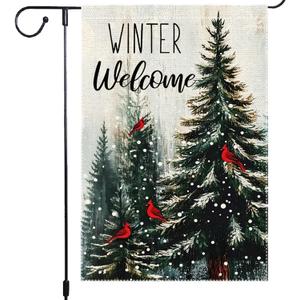 Winter Garden Flag Christmas Garden Flags 12x18 Inch Double Sided Burlap Welcome Yard Flag with Cardinals Snow and Pine Trees for Outdoor Seasonal Holiday Decorations