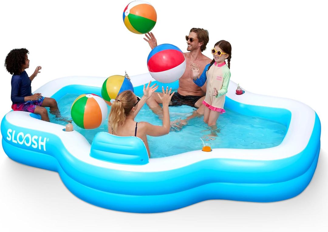 SLOOSH Inflatable Swimming Pool with Seats, 120" x 101" x 26" Full-Sized Blow Up Durable Thickened Above Ground Family Pool with Backrest Cup Holders for Summer Water Party Backyard Garden Lawn, Blue