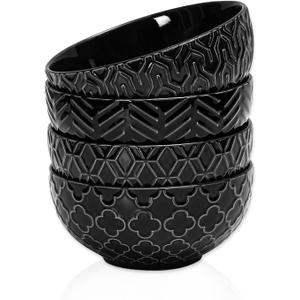 Sureasy Ceramic Cereal Bowls Set of 4, 5.9 Inch Deep Soup Bowls for Kitchen, 25 oz Embossed Stoneware Bowls for Pasta, Salad, Oatmeal, Noodle, Ramen, Microwave Dishwasher Safe, Set of 4, Black