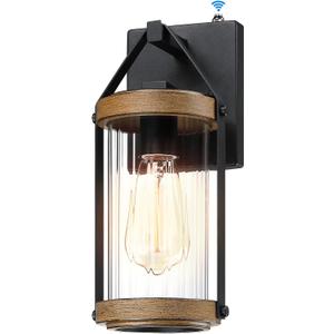 LONEDRUID Dusk to Dawn Sensor Outdoor Wall Sconce Lighting Anti-Rust Exterior Porch Light Fixtures Farmhouse Front House Lantern Waterproof Wall Mount Lamp for Patio Garage Entryway Doorway (1 Pack, Black & Wood Texture)