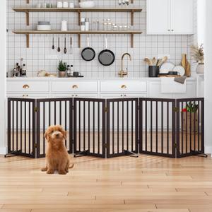 Dog Gates for The House Doorways Extra Wide 110 Inches Wood Freestanding Pet Gates for Dogs Indoor Fence with Support Stands (Espresso)