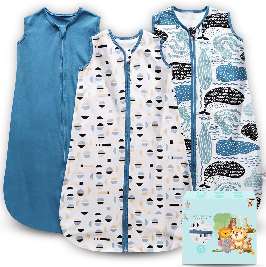 Cute Castle Baby Sleep Sack 0-6 Months - Lightweight 100% Cotton 2-Way Zipper TOG 0.5 Infant Wearable Blanket, Newborn Essentials Toddler Sleep Clothes (3 Pack Blue)