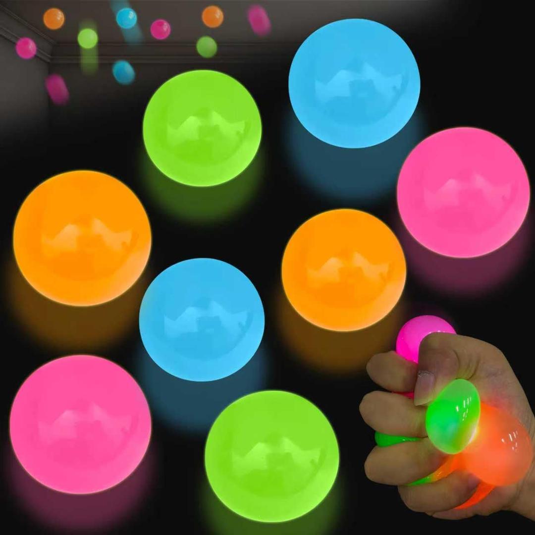 8 Pcs Glow in The Dark Sticky Balls Toys, Upgraded Glowing Stress Balls Stick to The Ceiling, Sensory Balls for Kids and Adults, Autism & ADHD Cool Stuff, Stocking Stuffers & Party FavorsBalls