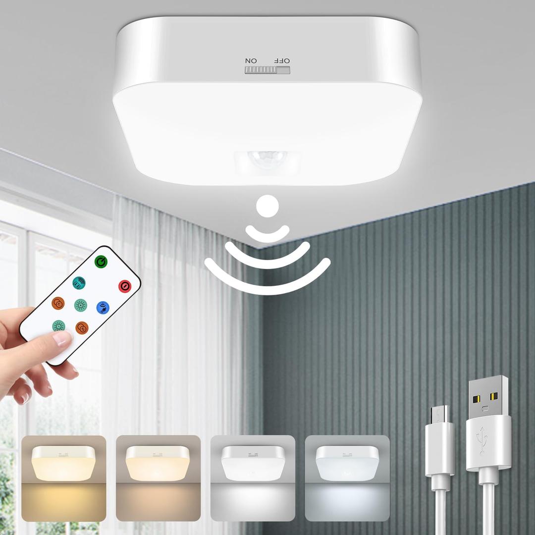 Motion Sensor Rechargeable Ceiling Light Indoor with Remote, Wireless Battery Operated Rechargeable Sensor Light for Closet, Garage, Hallway, 3000K-6000K Battery Powered Shower Lights (Multicolor)