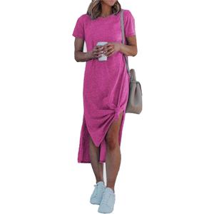 Alaster Womens Casual T-Shirt Midi Dress 2025 Short Sleeve Summer High Splits Dress with Pocket High Low Solid Midi Dress (Medium, Rose Pink)