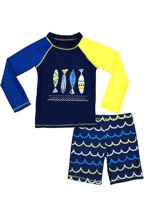 Boys UPF 50+ Long Sleeve Rash Guard and Swim Trunks Outfit Set Toddler to Big Boy Sizes (3-11Years) 5XL