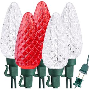 Brizled Red & White Christmas Lights, 33ft 50 LED Faceted C9 String Lights Outdoor, Linkable Christmas Tree Light, UL Certified Indoor Xmas Light Waterproof for House Roof Xmas Valentine's Day Party
