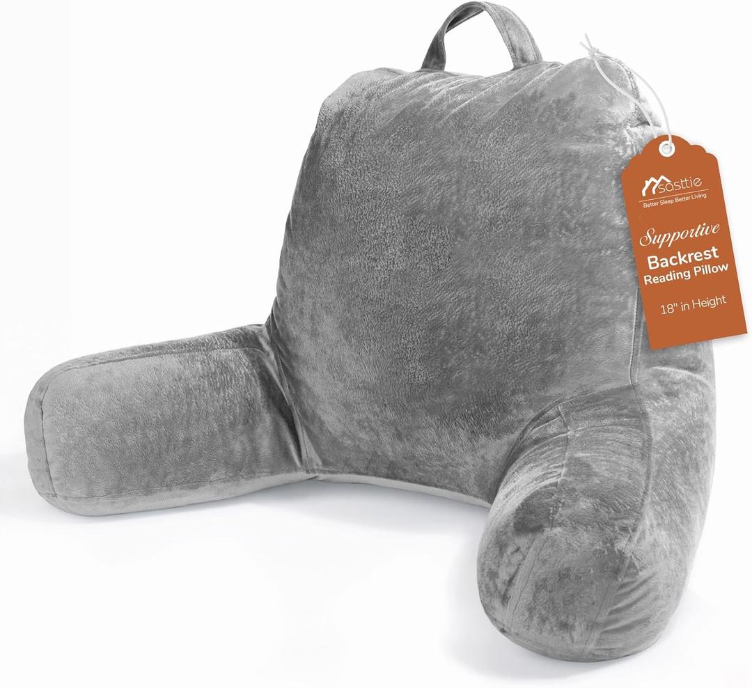 Sasttie Reading Pillow, Velvet Back Pillow for Bed Sitting Up, Adult Back-Rest Support Cushion with Arms for Sit Up on Couch, Sofa, and Floor, Dorm Essentials, Reading Accessories, Dark Grey