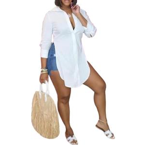 LYANER Women's Collar V Neck Button Front Long Sleeve Slit Hem Long Shirt Blouse Top (Medium, White)