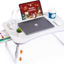 Laptop Desk for Bed, Height Adjustable Laptop Bed Table, Foldable Portable Lap Desk Stand with USB/Storage Drawer/Cup Holder/Slot, Breakfast Tray for Working Reading Writing Eating, White