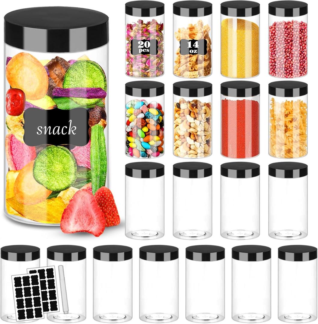 Hajoyful Plastic Jars with Lids 20Pcs 14 oz Clear Plastic Slime Storage Jars Containers with Airtight Leak Proof Black Plastic Screw On Lids Cylinder Clear Round Jar Food Grade Durable PET Jar
