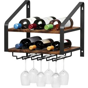 Wall Mounted Wine Rack for 6 Wine Bottles and 6 Glass Holder, 2-Tier Wall Wine Rack, Wood Wine Racks for Wall, Wood-Metal Wine Bottle Holder for Home Bar, Wine Kitchen Storage (Brown Black)