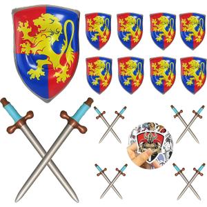 Inflatable Sword and Shield Props Set, 16 Pcs with 60 Knight Emblem Stickers for Medieval Theme Parties, Costume Events & Photo Booth Decor