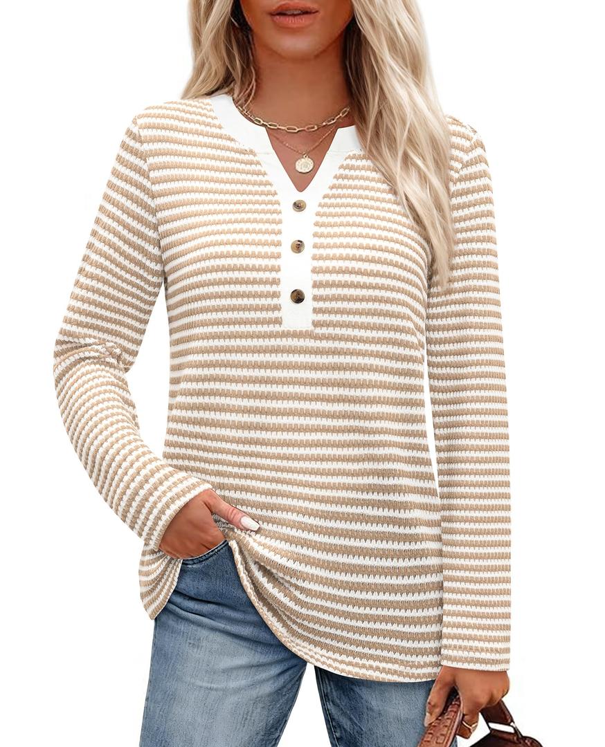 Khaki Shirt Women Striped Waffle Knit Tops V Neck Long Sleeve Blouses Dressy Casual Tunic Sweaters Trending Womens Clothes Cruise Outfits
