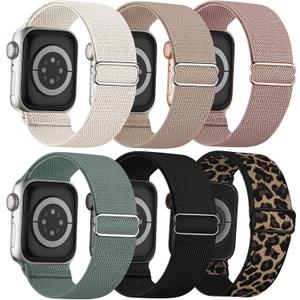 6 Pack Stretchy Solo Loop Compatible with Apple Watch Bands 41mm 40mm 38mm 44mm 45mm 46mm 42mm 49mm Women Men, Water-Resistant Nylon Elastic Sport Strap for iWatch Series 11 10 9 8 7 6 5 4 3 SE Ultra (Black/Leopard/Cactus/Pink/MilkTea/Starlight)