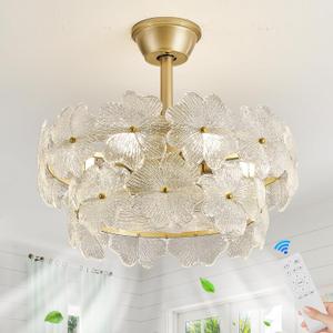 GlowHub Gold Ceiling Fan with Lights 20” Flower Crystal Glass Fandeliers with Remote Modern Caged Chandelier Fan 6 Speeds for Bedroom Living Room Dining Room