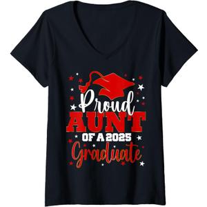 Womens Proud Aunt Of Class of 2025 Graduate Senior Graduation V-Neck T-Shirt (Small, Black)
