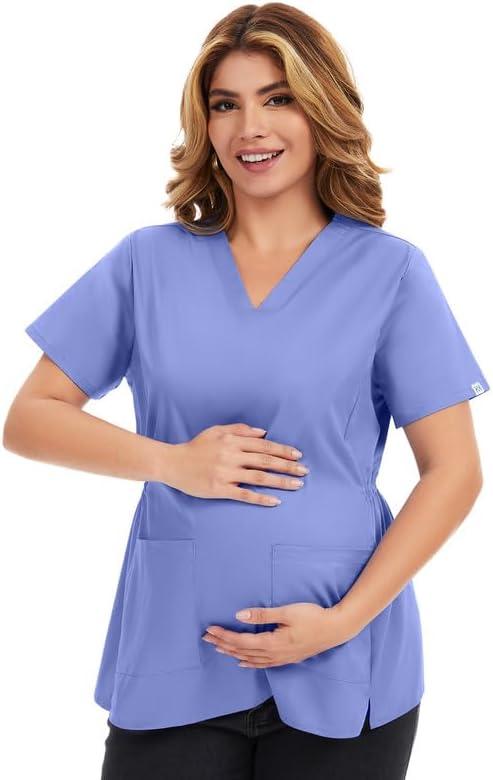 Kitmaz Women's CloudHaven Maternity Scrub Top - V-Neck Soft Stretch Shirt for Pregnancy | 2 Pockets (X-Large, Ceil Blue)