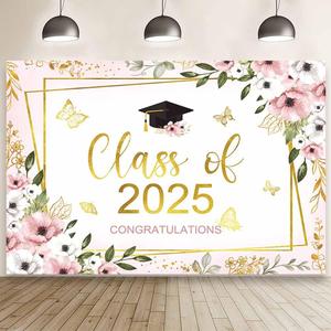 MEHOFOND 7x5ft Class of 2025 Congratulations Backdrop Pink Floral Congrats Grad Photography Background Pastel Butterfly Graduation Party Decor Gold Confetti Prom 2025 Party Banner Photo Booth Props