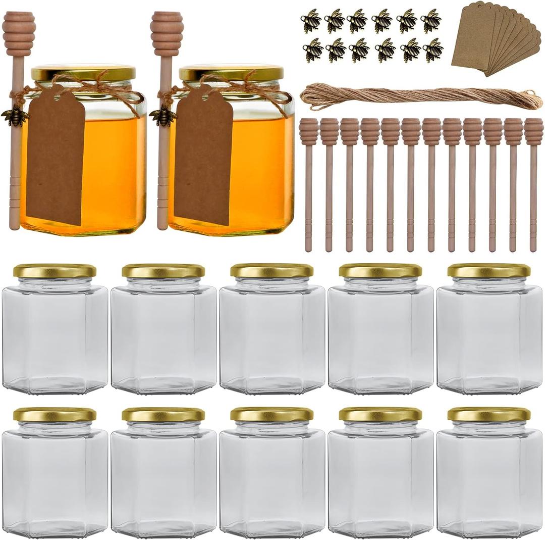 12Pack12 oz Glass Jars with Lids,Honey Jars with Gold Lids,Clear Hexagon Glass Jars for Honey, Party Favors, Wedding Favors,Jams