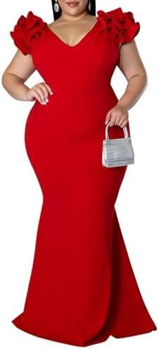 Ekaliy Women's Plus Size Maxi Dress Elegant V-Neck Ruffle Sleeves Bodycon Mermaid Evening Gown.2XL